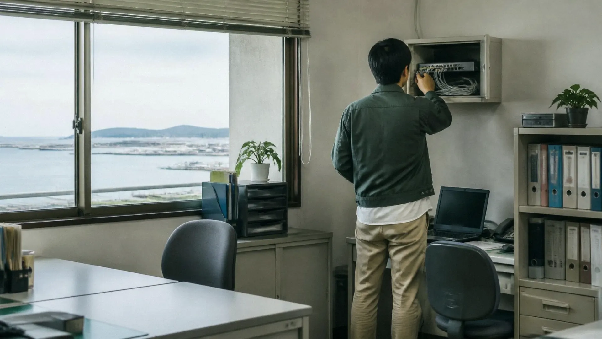 事務所のネットワーク機器を確認するエンジニアの後ろ姿（イメージ写真）